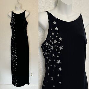Vintage stars black velvet celestial silver glitter column maxi dress 9/10